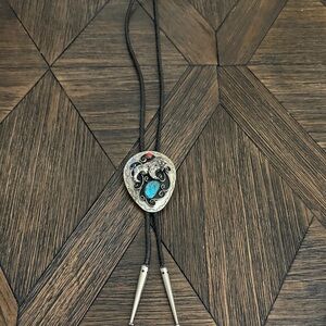 Vintage Navajo Sterling Silver Buffalo Bolo Tie Turquoise Coral Western